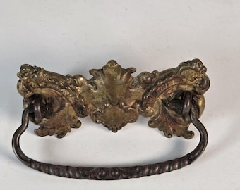 Antique Ornate Bail Pull with Backplate / Antique Rococo Style Drawer Pull