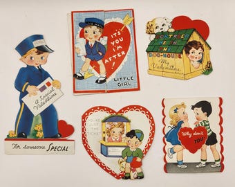 Lot of 5 Vintage 1930s 1940s Children's Valentine Cards - Retro Die Cut Ephemera
