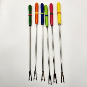 vintage fondue forks 1970s wood handle in original box vibrant colors 10.5&quot; long set of 6
