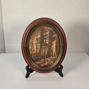 May include: Oval framed art print depicting a forest scene with tall trees and a deer. The frame is red with gold trim, and the word "Dreaming" is visible in the upper portion of the print. The artwork is displayed on a black easel.