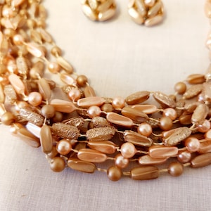 multi 12 strand pearlized beads pink brown apricot necklace and clip on earring set pearlized beads light weight MCM 50&#39;s costume jewelry