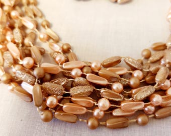 Vintage Faux Pearl Necklace & Clip On Earrings Set: Pink Apricot Beads Vintage 1950s