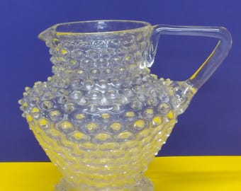 Vintage Fenton Hobnail pitcher - hand blown clear glass - angular handle 1930s