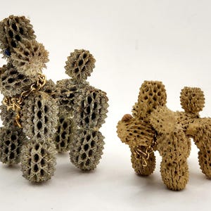 May include: Two small poodle figurines made from dried seed pods. The poodle on the left is gray and has a gold chain around its neck. The poodle on the right is brown.
