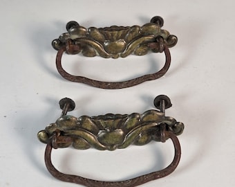 Vintage Ornate Bronze Finish Drop Ring Drawer Pulls / Dresser Hardware (Pair)