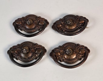 Vintage Ornate Bronze Finish Drop Ring Drawer Pulls / Dresser Hardware (Set of 4)