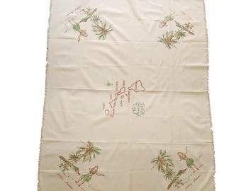 Vintage 1940s Silk Hawaiian Souvenir Tablecloth Napkin Set WWII Pearl Harbor Era Hawaiian, Rare Pre-War Tropical Island Map Military Linen