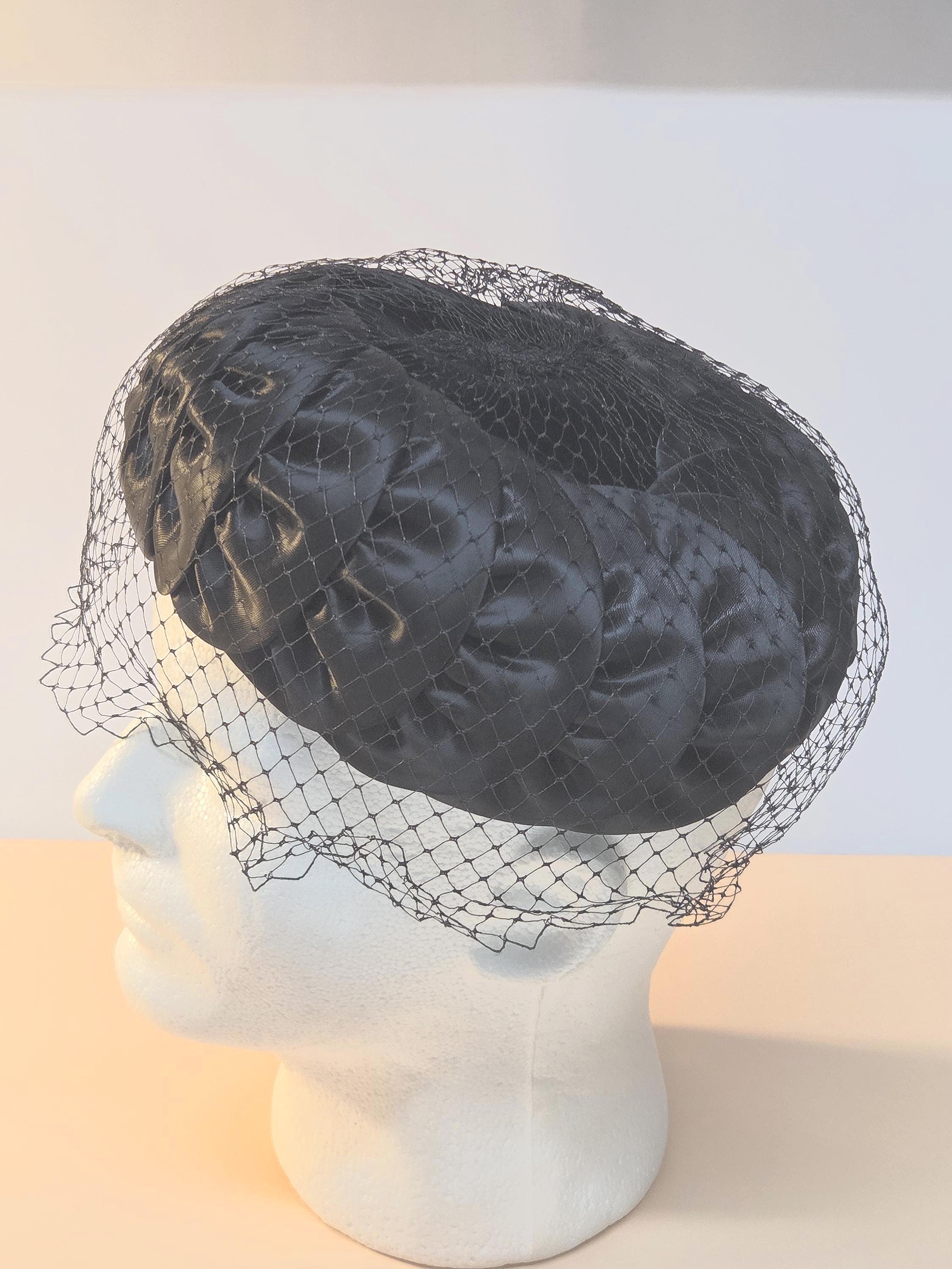 Vintage Dachettes Satin Pillbox Hat with Black Netting Veil Pillbox Black Net Vintage Hats for Women for sale | eBay main image 2