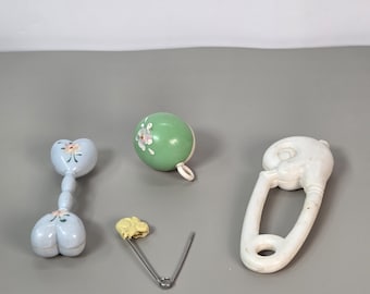 vintage lot of 3 baby rattles and diaper pin 1950's