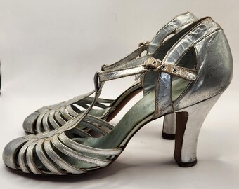 Vintage Silver T-Strap Ballroom Shoes: Art Deco Gatsby Leather Size 6.5B Vintage 1930s