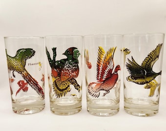 Vintage Game bird highballs: Set of 4  Hazel Atlas drinking glasses Mid Century