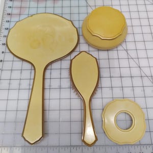 Celluloid dresser set hand mirror brush and trinket box/hair receiver Ivory DuBarry Pyralin 1920s antique art deco vanity set