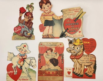 Lot of 5 Vintage 1930s 1940s Children's Valentine Cards - Retro Die Cut Ephemera
