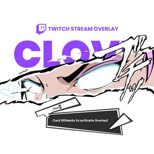 以下が含まれることがあります： 紫と白のTwitchストリームオーバーレイに「Clove」というテキストと、「Cast Ultimate to activate Overlay!」というメッセージが、黒と白のペルソナスタイルのテキストボックスに表示されています。