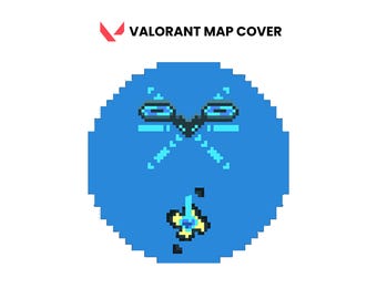 May include: A pixelated blue circle with scissors and a flower design. The text "VALORANT MAP COVER" is above the circle. The design is in a digital art style.