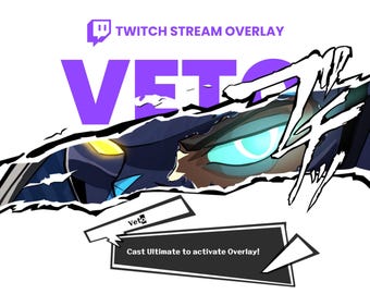 May include: A Twitch stream overlay design with a purple "VETO" text and a stylized illustration of a character's eye. The overlay includes the text "Twitch Stream Overlay" and a call to action: "Cast Ultimate to activate Overlay!"