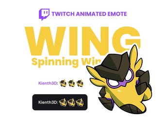 May include: A Twitch animated emote graphic featuring a yellow creature with black and purple accents, labeled "WING Spinning Win." The graphic includes the text "Twitch Animated Emote" and the username "Kienth3D:" with associated emote previews.
