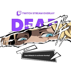 May include: A purple and white Twitch stream overlay with the text "DEAD" and "Cast Ultimate to activate Overlay!"  The overlay features a cartoon character with blonde hair and blue eyes.