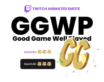 May include: A white background with a purple Twitch logo and the text "TWITCH ANIMATED EMOTE". The image features the letters "GGWP" in bold black font, with "Good Game Well Played" below. There are gold "GG" letters and "Kienth3D" text.