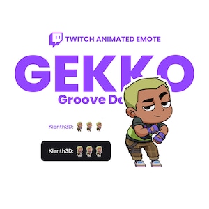 Könnte beinhalten: Ein animierter Twitch-Emote mit einem Zeichentrickcharakter namens Gekko in einer Tanzpose. Die Figur hat gebräunte Haut, grüne und braune Kleidung und lila Akzente. Der Text "GEKKO" steht in großen lila Buchstaben.