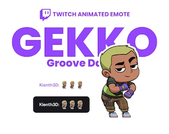 May include: A Twitch animated emote featuring a cartoon character named Gekko in a dancing pose. The character has tan skin, green and brown clothing, and purple accents. The text "GEKKO" is in large purple letters.