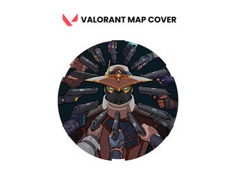 May include: Circular graphic featuring a character from Valorant surrounded by hands holding guns. The character wears a hat and mask. The text "VALORANT MAP COVER" is above the graphic, with a red and white logo.