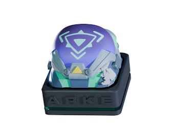 May include: A custom keycap with a futuristic helmet design. The keycap features a purple and teal color scheme with geometric shapes and the text "ABKE" on the base. The keycap is designed for mechanical keyboards.