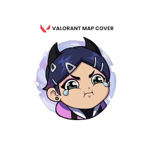 May include: A cartoon illustration of a character with dark blue hair, black horns, and a sad expression. The character is crying, with tears visible. The text "VALORANT MAP COVER" is above the character.