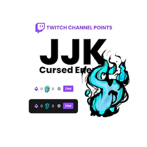 Könnte beinhalten: Ein Twitch-Kanalpunkte-Bildschirm mit dem Text "JJk Cursed Entertainment" und einer blauen Flammengrafik. Der Bildschirm hat zwei Schaltflächen mit der Aufschrift "Chat".
