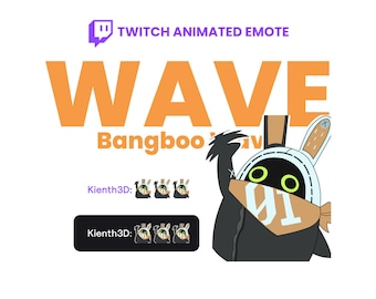 May include: An animated Twitch emote featuring a cartoon character with a rabbit-like head, wearing a scarf with the number 01. The word "WAVE" is in large orange letters, with "Twitch Animated Emote" above it.