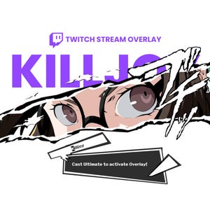 May include: A purple and white Twitch stream overlay with the text "KILLJOY" and a graphic of a woman's eye with glasses. The text "Cast Ultimate to activate Overlay!" is in a black box with a white border.
