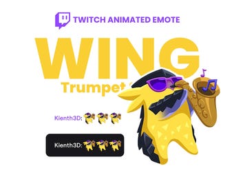May include: A yellow animated Twitch emote with a black and purple design, wearing sunglasses and playing a trumpet. The word "WING" is in large yellow letters, with "Trumpet" below. The text "Twitch Animated Emote" is at the top.