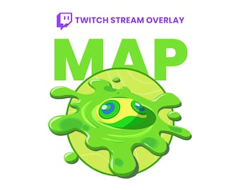 May include: A green cartoon slime creature with blue and yellow eyes, set on a light green circle. The word "MAP" is in large green letters above the slime, with "TWITCH STREAM OVERLAY" in purple text above.