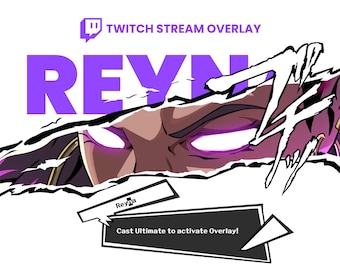 May include: A Twitch stream overlay design featuring the name "REYN" in large purple letters. The design includes a stylized illustration of a character's face with glowing purple eyes and the text "Cast Ultimate to activate Overlay!"