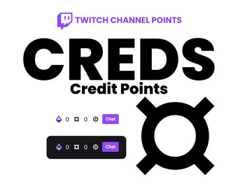 May include: A graphic with the text "CREDS Credit Points" in black, with a purple Twitch logo and the words "Twitch Channel Points." There are also purple and black UI elements with the word "Chat."
