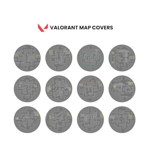 May include: Image features a collection of Valorant map covers. Each cover displays a detailed, gray-toned map layout within a circular frame. The text "VALORANT MAP COVERS" is displayed above the maps, along with a red and white logo.