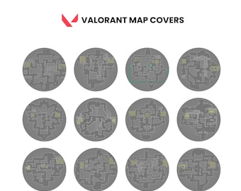 May include: Image features a collection of Valorant map covers. Each cover displays a detailed, gray-toned map layout within a circular frame. The text "VALORANT MAP COVERS" is displayed above the maps, along with a red and white logo.