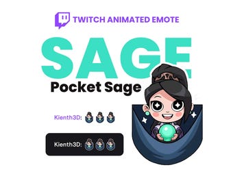 May include: A digital graphic featuring a cartoon character named Sage, holding a glowing green orb. The text "SAGE" and "Pocket Sage" are in teal, with "Twitch Animated Emote" above. The artist's name, "Kienth3D", is also displayed.