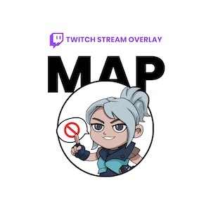 May include: A Twitch stream overlay graphic with the text "TWITCH STREAM OVERLAY" and "MAP". The graphic features a cartoon character with grey hair and a blue and black outfit, pointing to a speech bubble with a red "no" symbol.