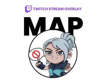 May include: A Twitch stream overlay graphic with the text "TWITCH STREAM OVERLAY" and "MAP". The graphic features a cartoon character with gray hair and a blue and black outfit, pointing to a speech bubble with a red "no" symbol.