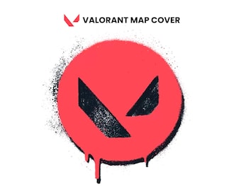 May include: A red circle with a black, angular design and dripping paint effect, set against a white background. The text "VALORANT MAP COVER" is above the circle, with the Valorant logo on the left.