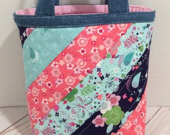 Quilted Gift Tote Bag, Handmade Cotton Tote, Get Well Gift Tote, Book Tote, Small Gift Bag, Snack Tote, Assorted Quilted Prints, Denim