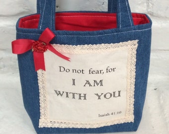 Handmade Gift Tote Bag, Bible Verse, Denim Fabric Tote, Get Well Gift Tote, Book Tote, Small Gift Bag, Snack Tote, Christian Gift Tote, Bow