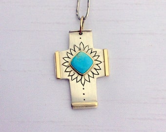 Türkis Kreuz, Sterling und 14k Gold Halskette