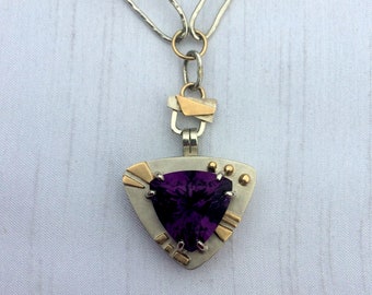 Amethyst Necklace, Sterling & 14k Gold, AAA Trillion Cut Amethyst