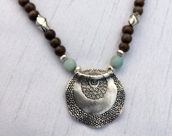 Thai Sterling Silver Necklace with Grey Wood and Amazonite Beads