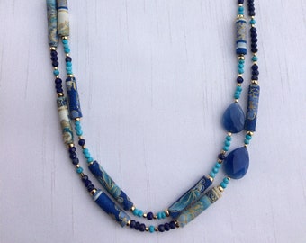 Fabric Bead, Lapiz & Turquoise, 14k Gold Filled Necklace