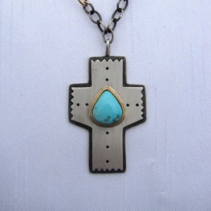 Cruz turquesa única, chapada en oro de 14 k y plata esterlina, estilo suroeste