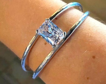 Cubic Zirconia Cuff Bracelet Sterling Silver. 8 ct Emerald Cut fine CZ