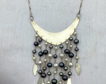 Pearl Necklace, Multi-colored Pearls and Hammered Sterling